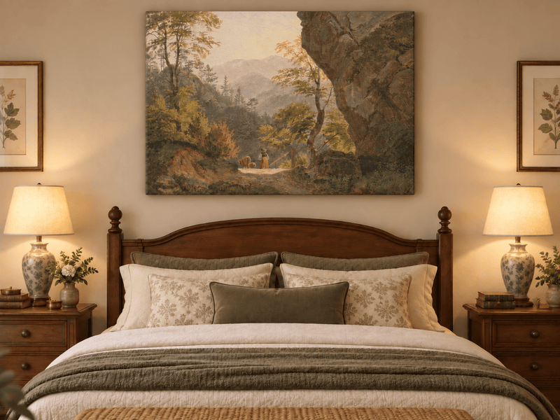 Landscape Oil Painting - Forest Mountain Path Figure, Valley