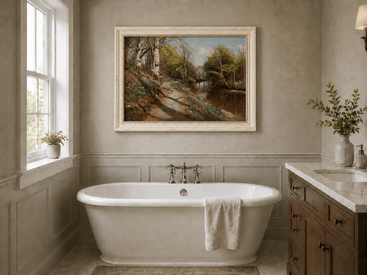 Peinture à l'huile de paysage - Sentier forestier au bord d'un ruisseau tranquille