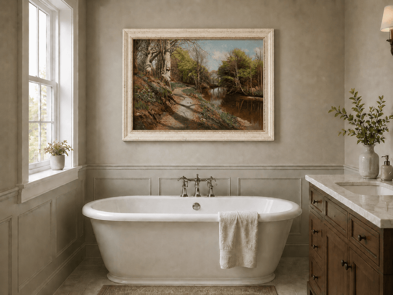 Peinture à l'huile de paysage - Sentier forestier au bord d'un ruisseau tranquille