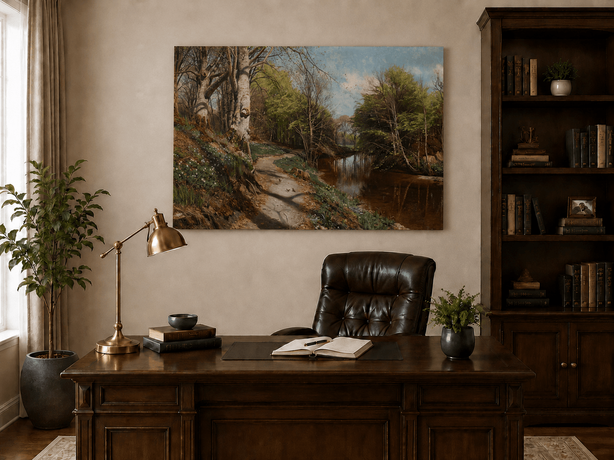 Peinture à l'huile de paysage - Sentier forestier au bord d'un ruisseau tranquille