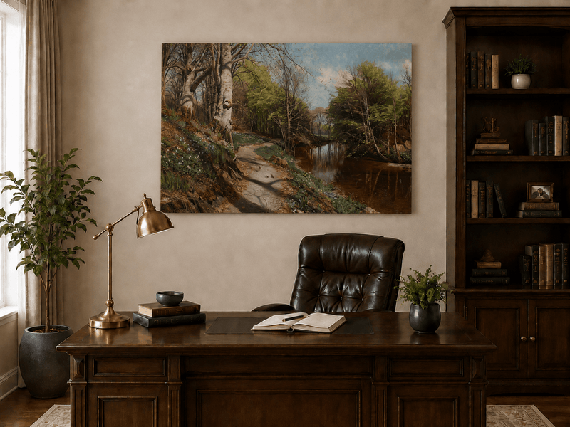 Peinture à l'huile de paysage - Sentier forestier au bord d'un ruisseau tranquille