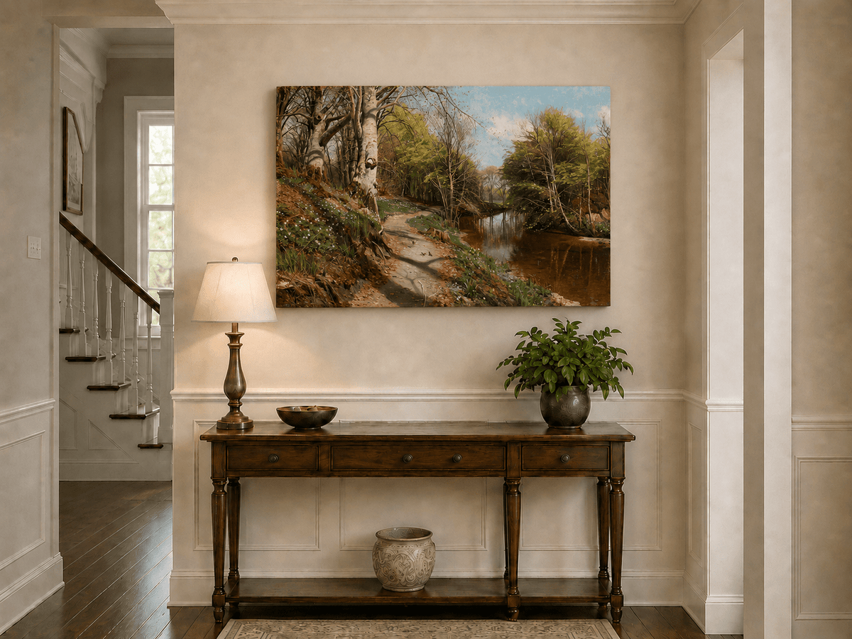 Peinture à l'huile de paysage - Sentier forestier au bord d'un ruisseau tranquille