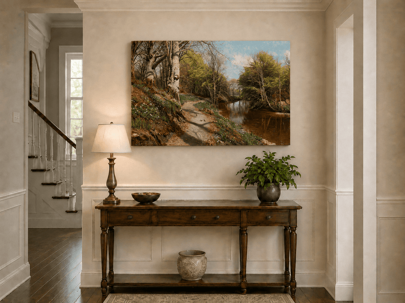 Peinture à l'huile de paysage - Sentier forestier au bord d'un ruisseau tranquille