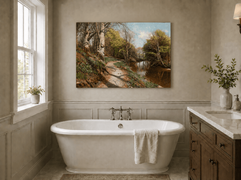 Peinture à l'huile de paysage - Sentier forestier au bord d'un ruisseau tranquille