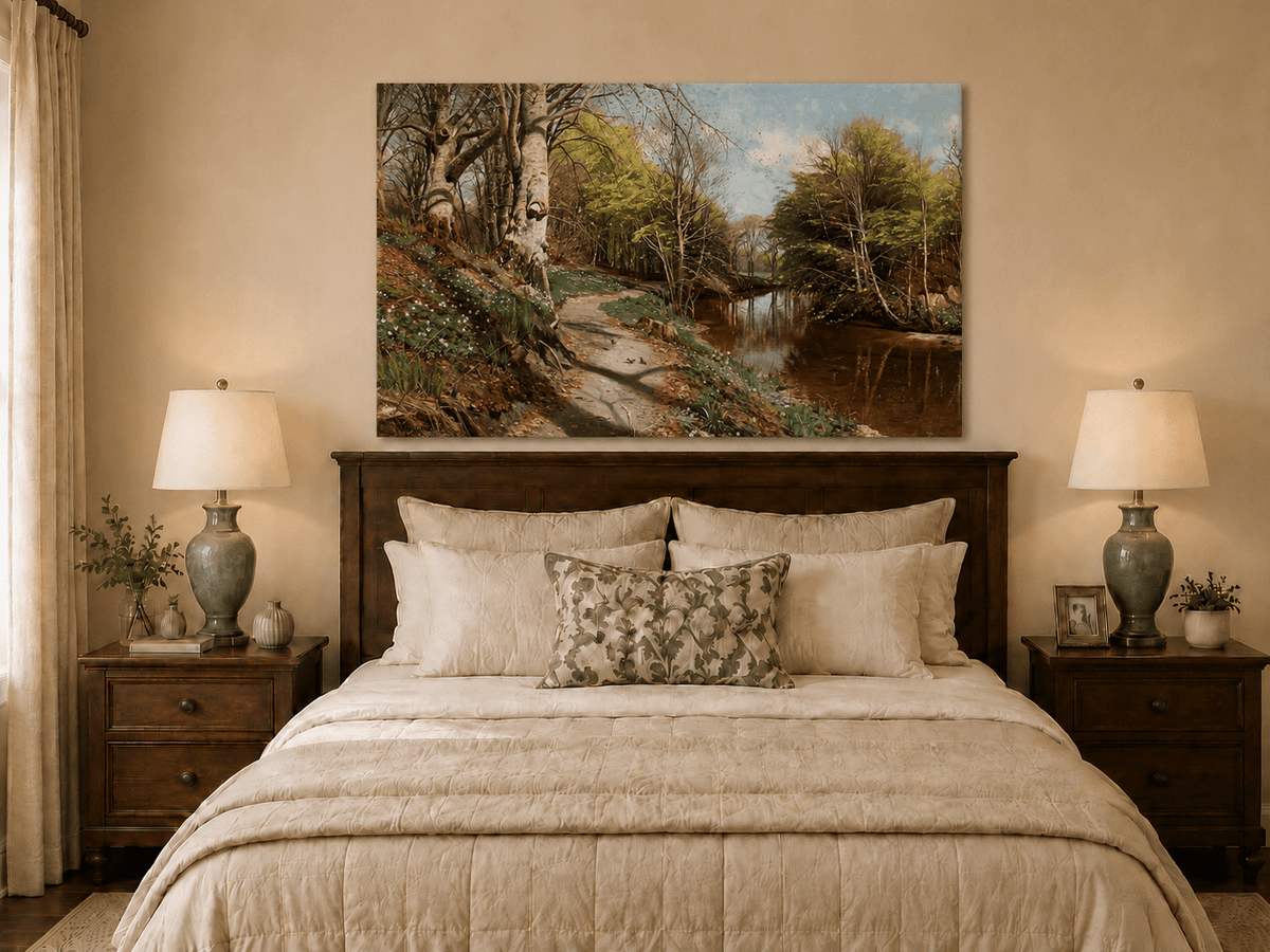 Peinture à l'huile de paysage - Sentier forestier au bord d'un ruisseau tranquille