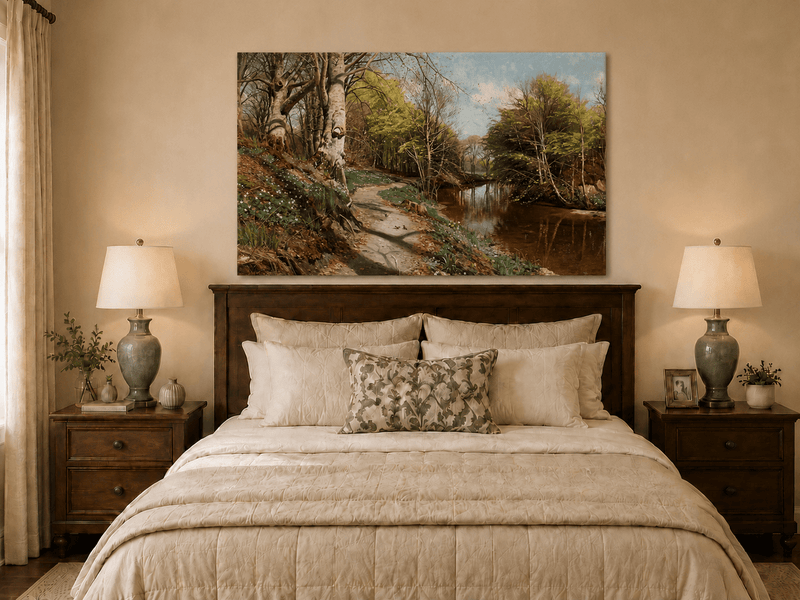 Peinture à l'huile de paysage - Sentier forestier au bord d'un ruisseau tranquille
