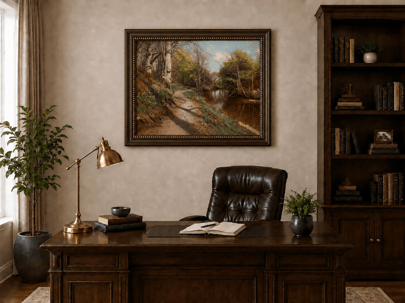 Peinture à l'huile de paysage - Sentier forestier au bord d'un ruisseau tranquille