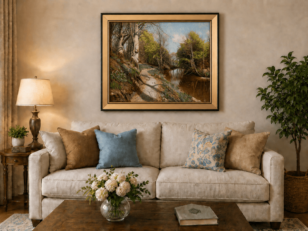 Peinture à l'huile de paysage - Sentier forestier au bord d'un ruisseau tranquille