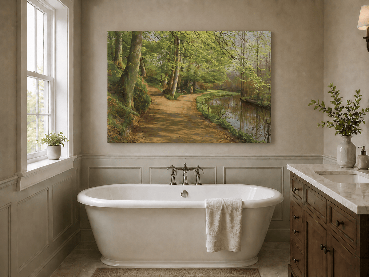Landscape Oil Painting - Forest Path by River with Figures