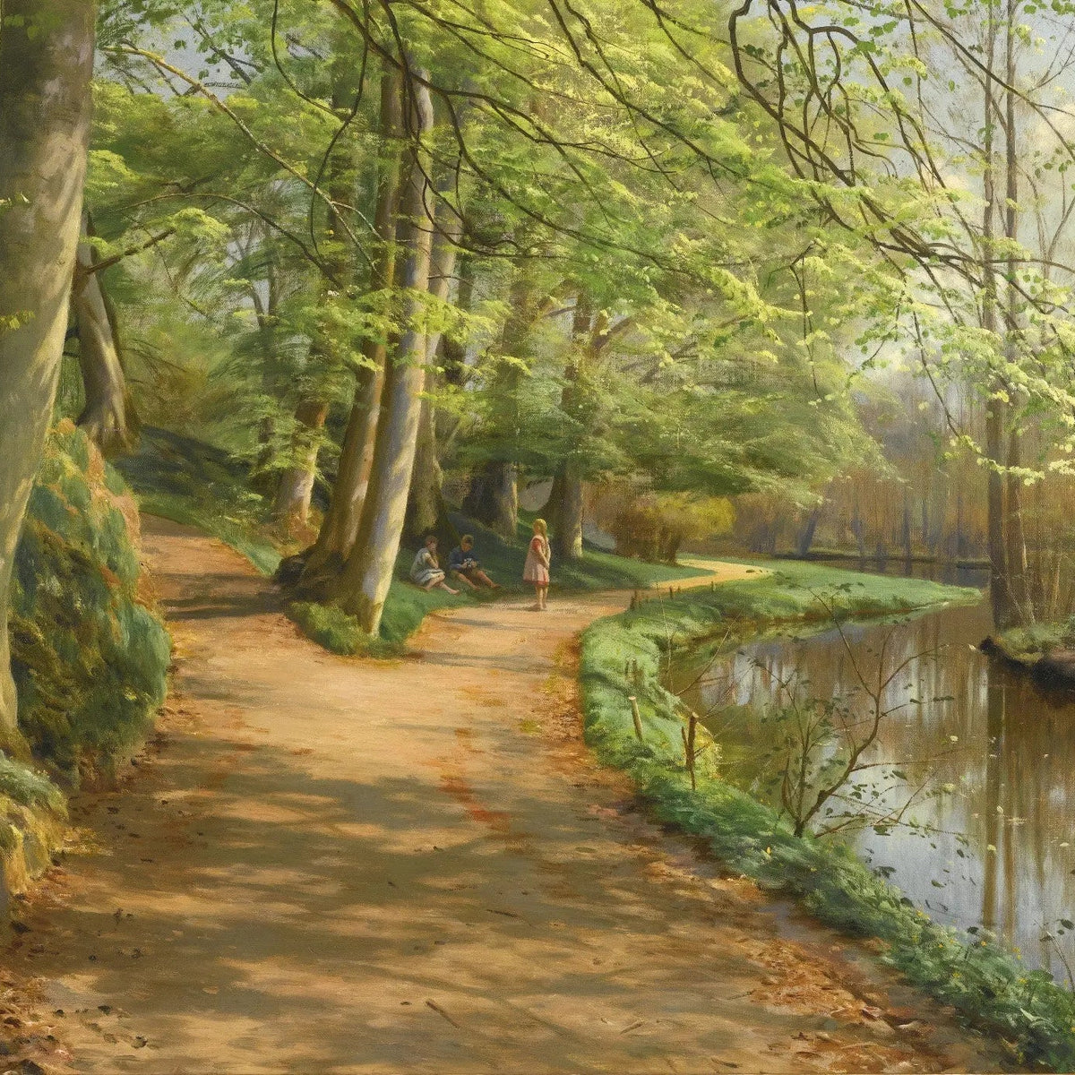 Landscape Oil Painting - Forest Path by River with Figures - Oil Painting Haven