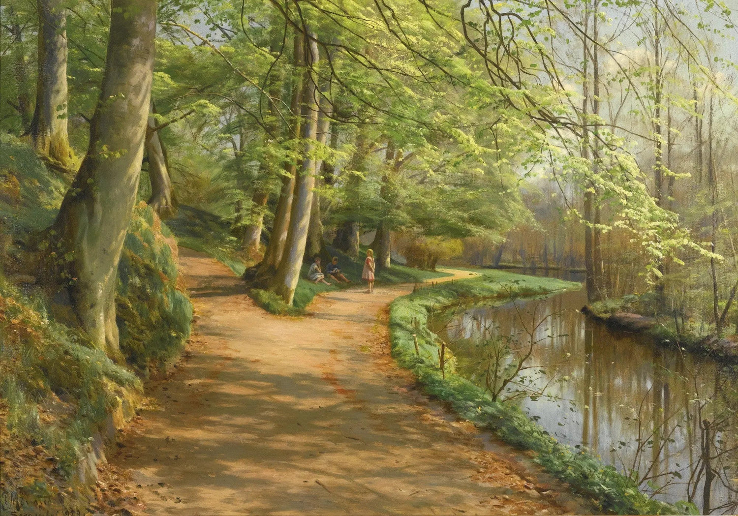 Landscape Oil Painting - Forest Path by River with Figures - Oil Painting Haven