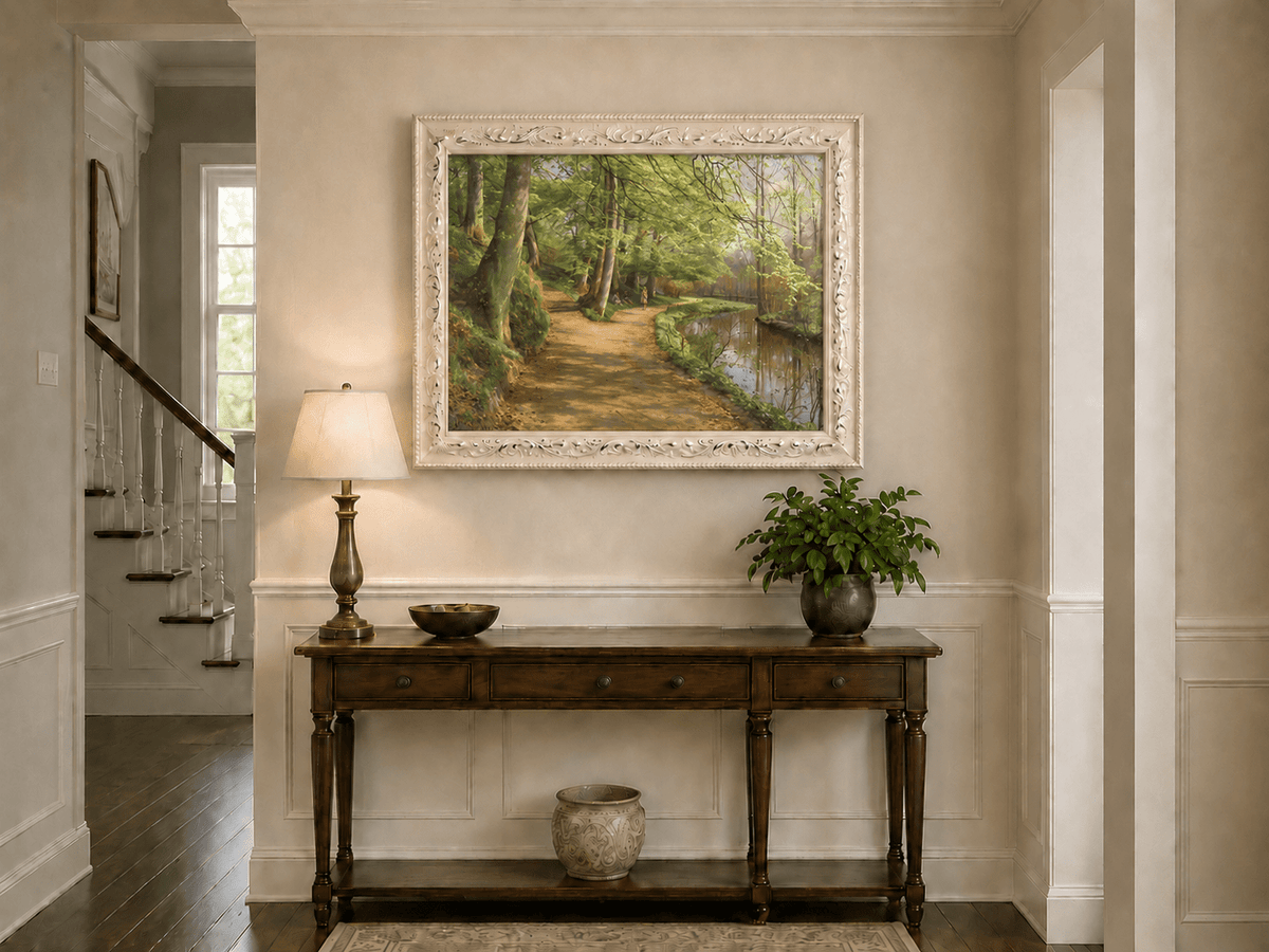 Landscape Oil Painting - Forest Path by River with Figures