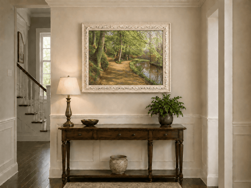 Landscape Oil Painting - Forest Path by River with Figures