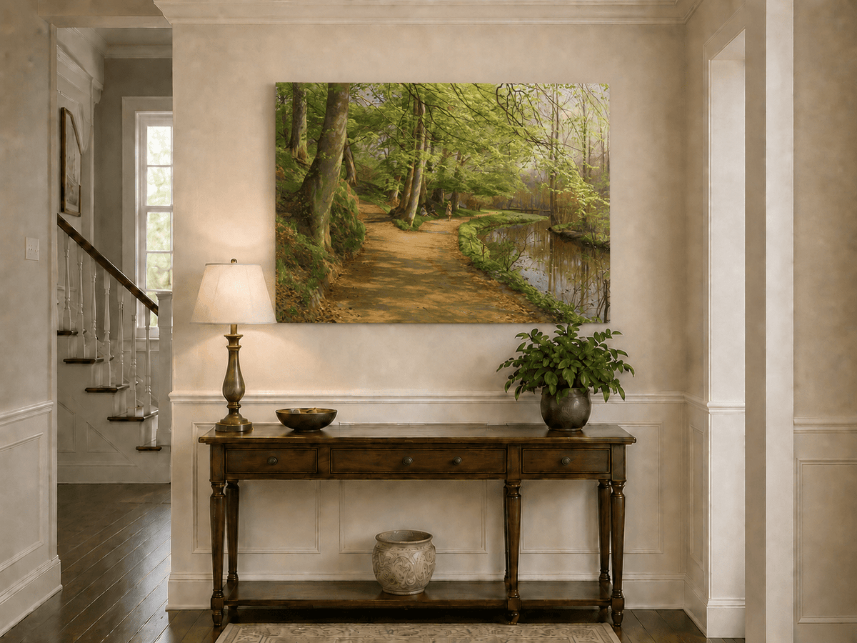 Landscape Oil Painting - Forest Path by River with Figures