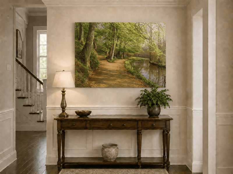 Landscape Oil Painting - Forest Path by River with Figures