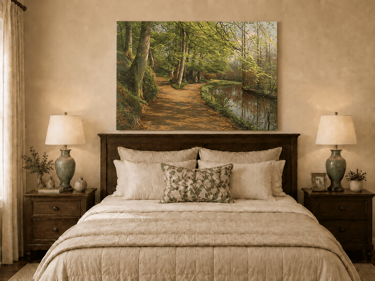 Landscape Oil Painting - Forest Path by River with Figures