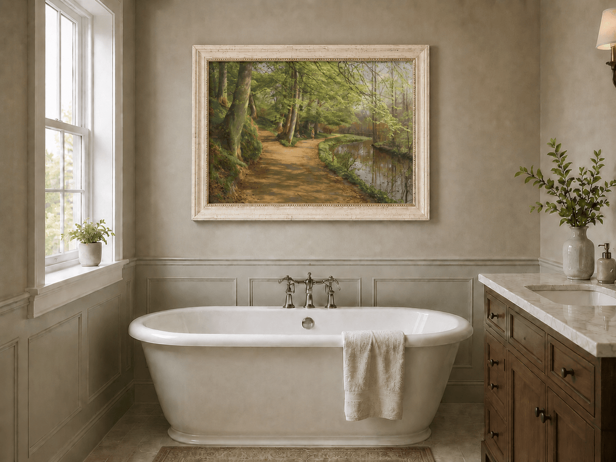 Landscape Oil Painting - Forest Path by River with Figures