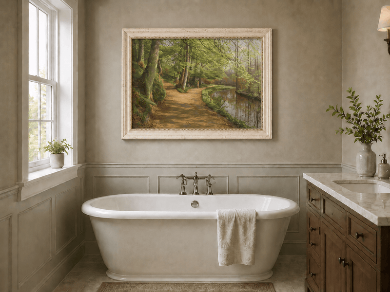 Landscape Oil Painting - Forest Path by River with Figures