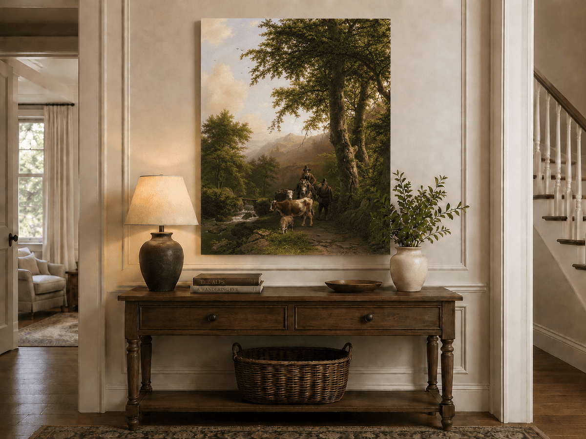 Landscape Oil Painting - Forest Path Figures & Animals