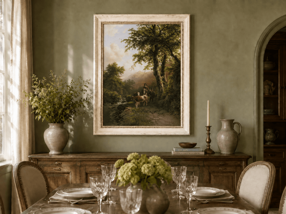 Landscape Oil Painting - Forest Path Figures & Animals