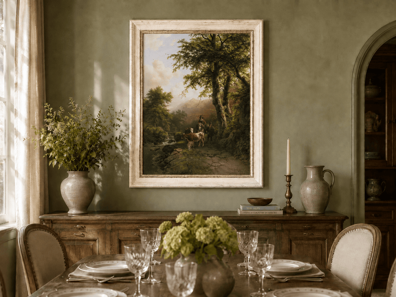 Landscape Oil Painting - Forest Path Figures & Animals