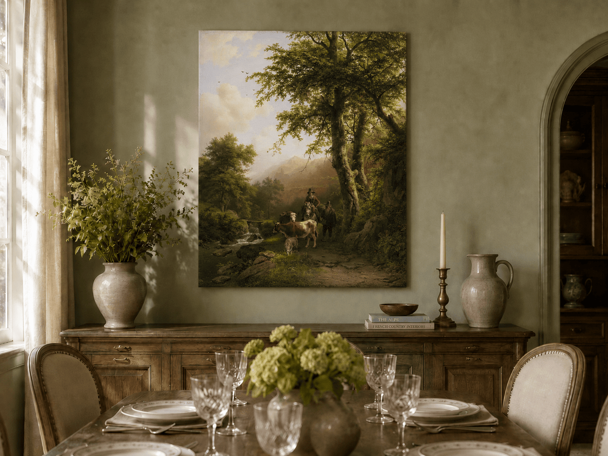 Landscape Oil Painting - Forest Path Figures & Animals