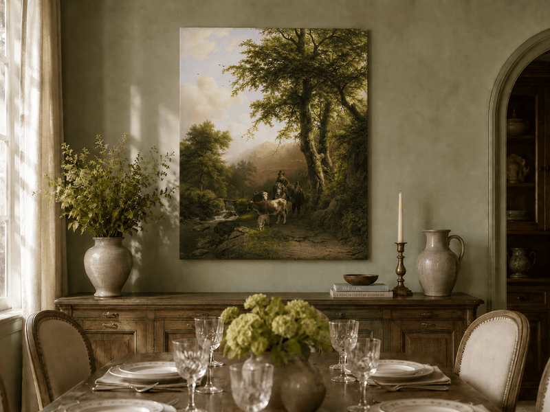 Landscape Oil Painting - Forest Path Figures & Animals