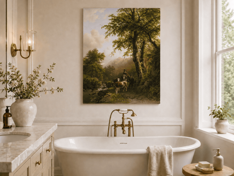 Landscape Oil Painting - Forest Path Figures & Animals