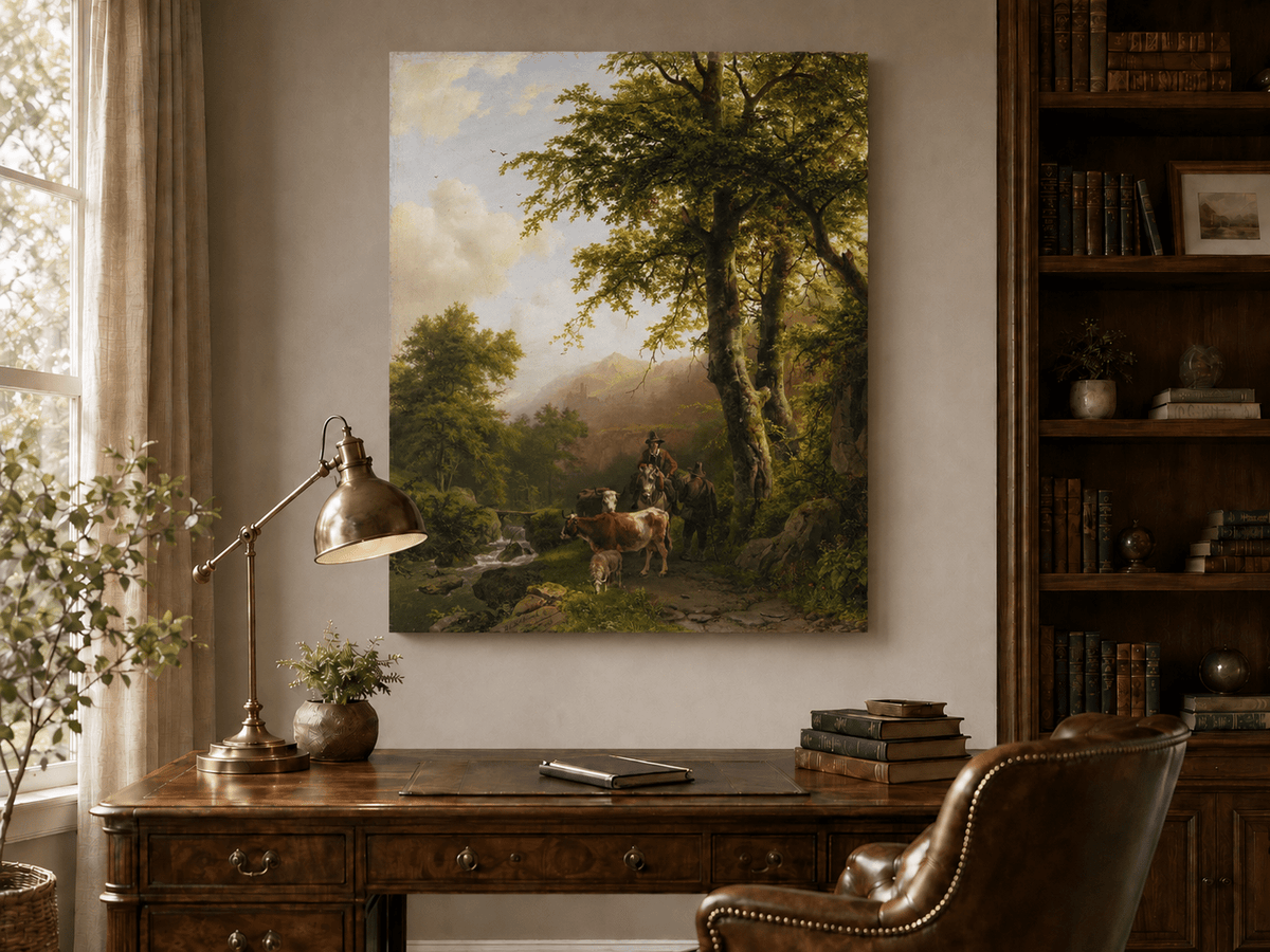Landscape Oil Painting - Forest Path Figures & Animals