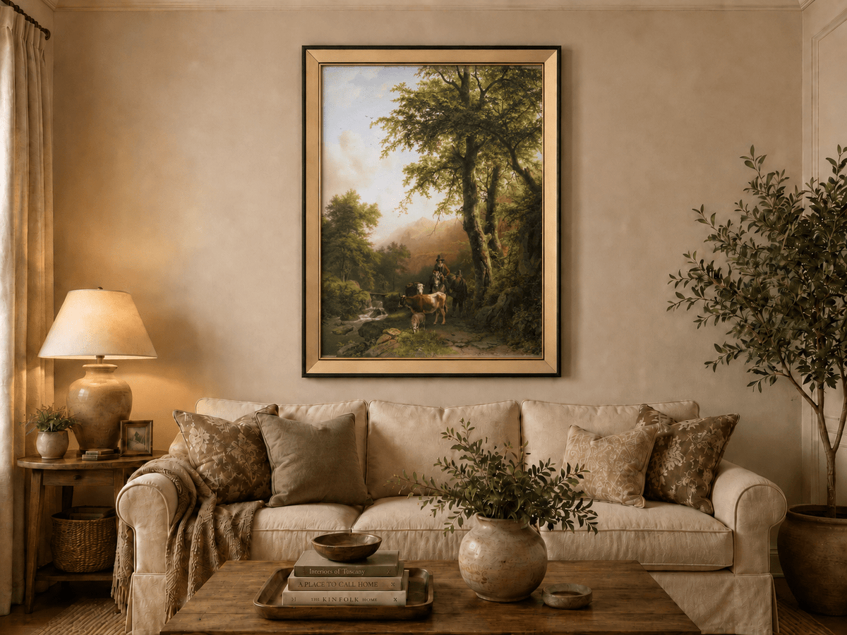 Landscape Oil Painting - Forest Path Figures & Animals