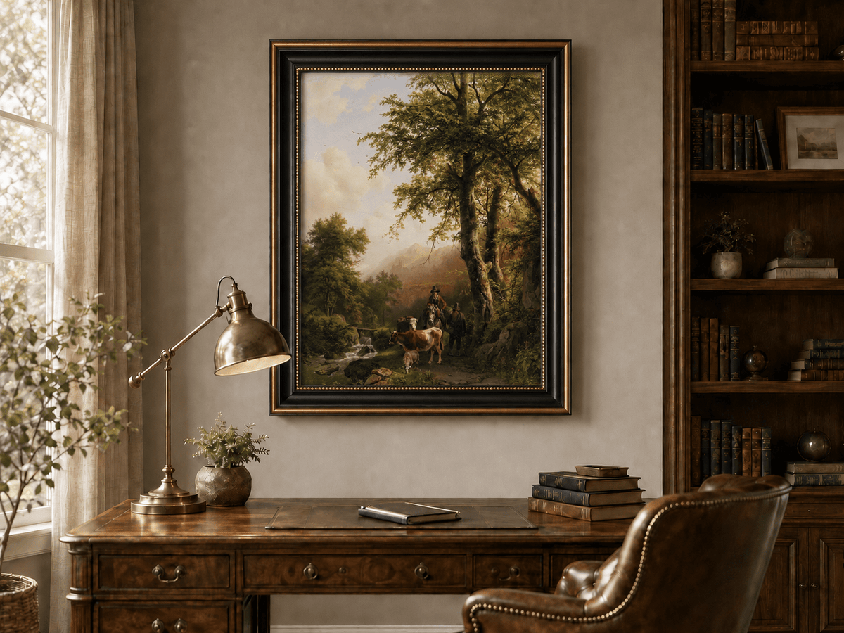 Landscape Oil Painting - Forest Path Figures & Animals