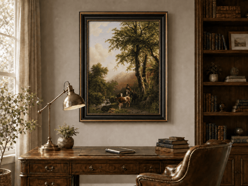 Landscape Oil Painting - Forest Path Figures & Animals
