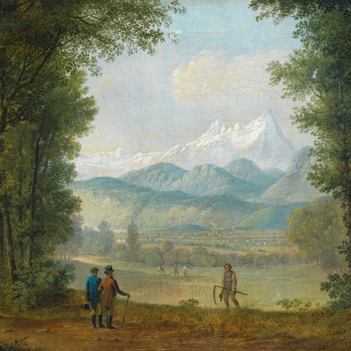 Landscape Oil Painting - Forest Path Figures & Snow - Capped Mountain - Oil Painting Haven