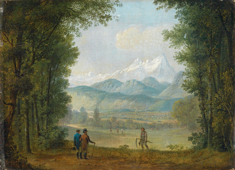 Landscape Oil Painting - Forest Path Figures & Snow - Capped Mountain - Oil Painting Haven