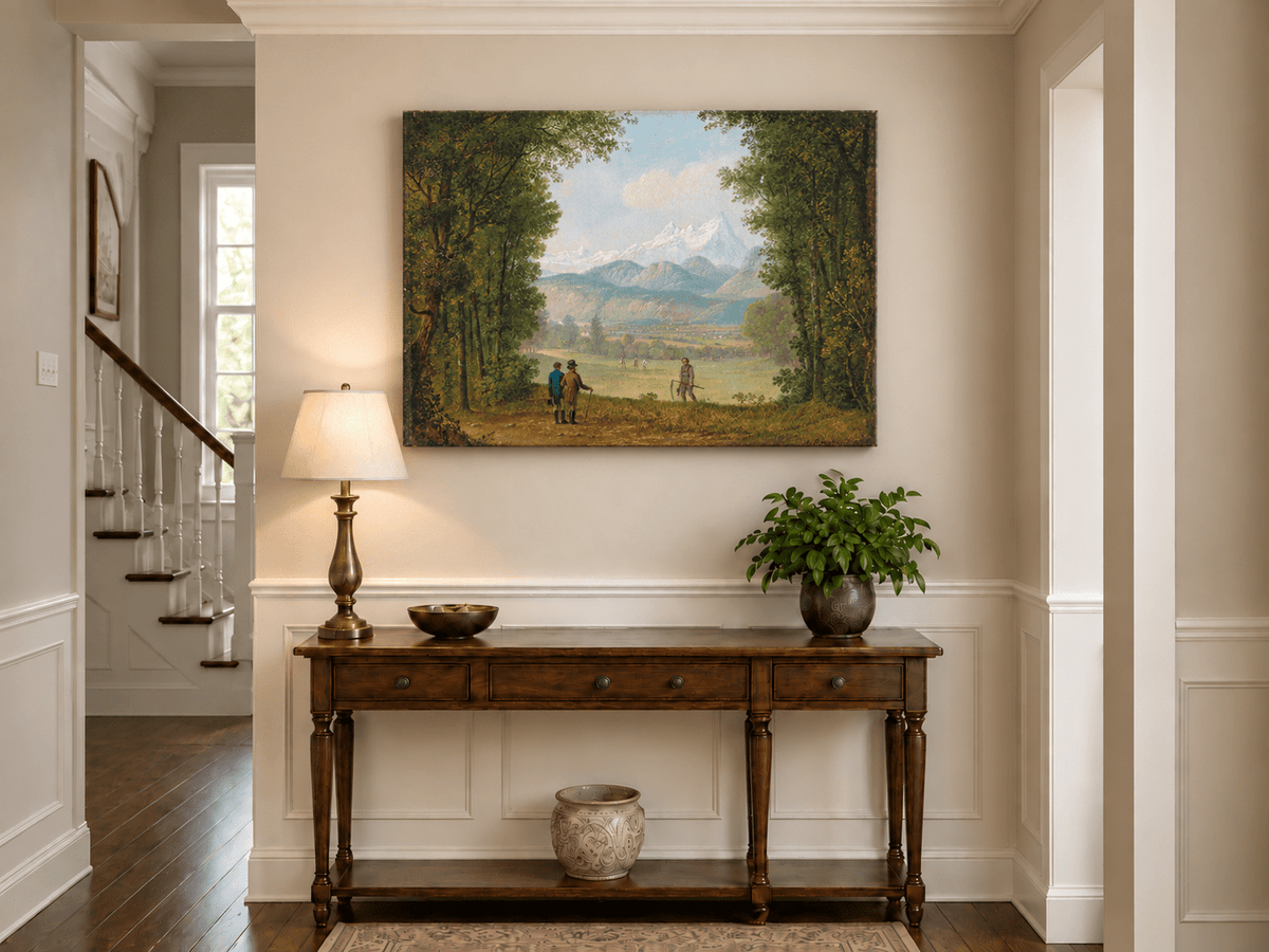 Landscape Oil Painting - Forest Path Figures & Snow-Capped