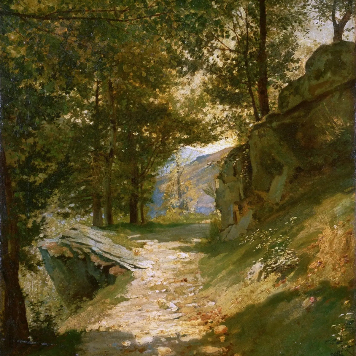 Landscape Oil Painting - Forest Path Scene with Rocks and Sunlight - Oil Painting Haven