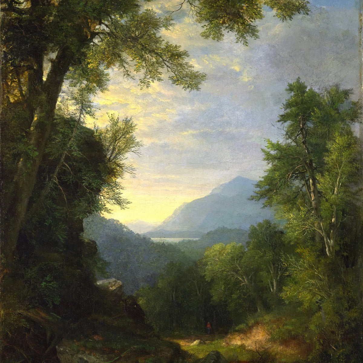 Landscape oil painting of a forest path leading to distant mountains, textured brushwork and rich green foliage on oil on. - Canvas, Figure, Forest, Hand Painted, Landscape, Made To Order, Mountain, Oil Painting, Road
