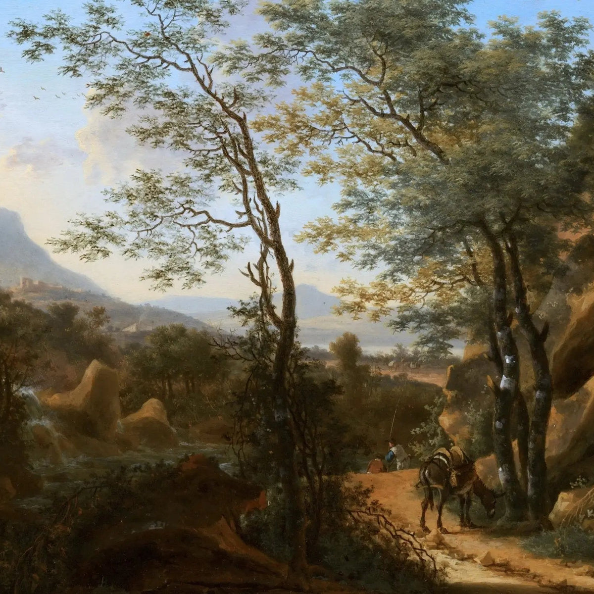 Landscape Oil Painting - Forest Path with Animals and Mountain View - Oil Painting Haven