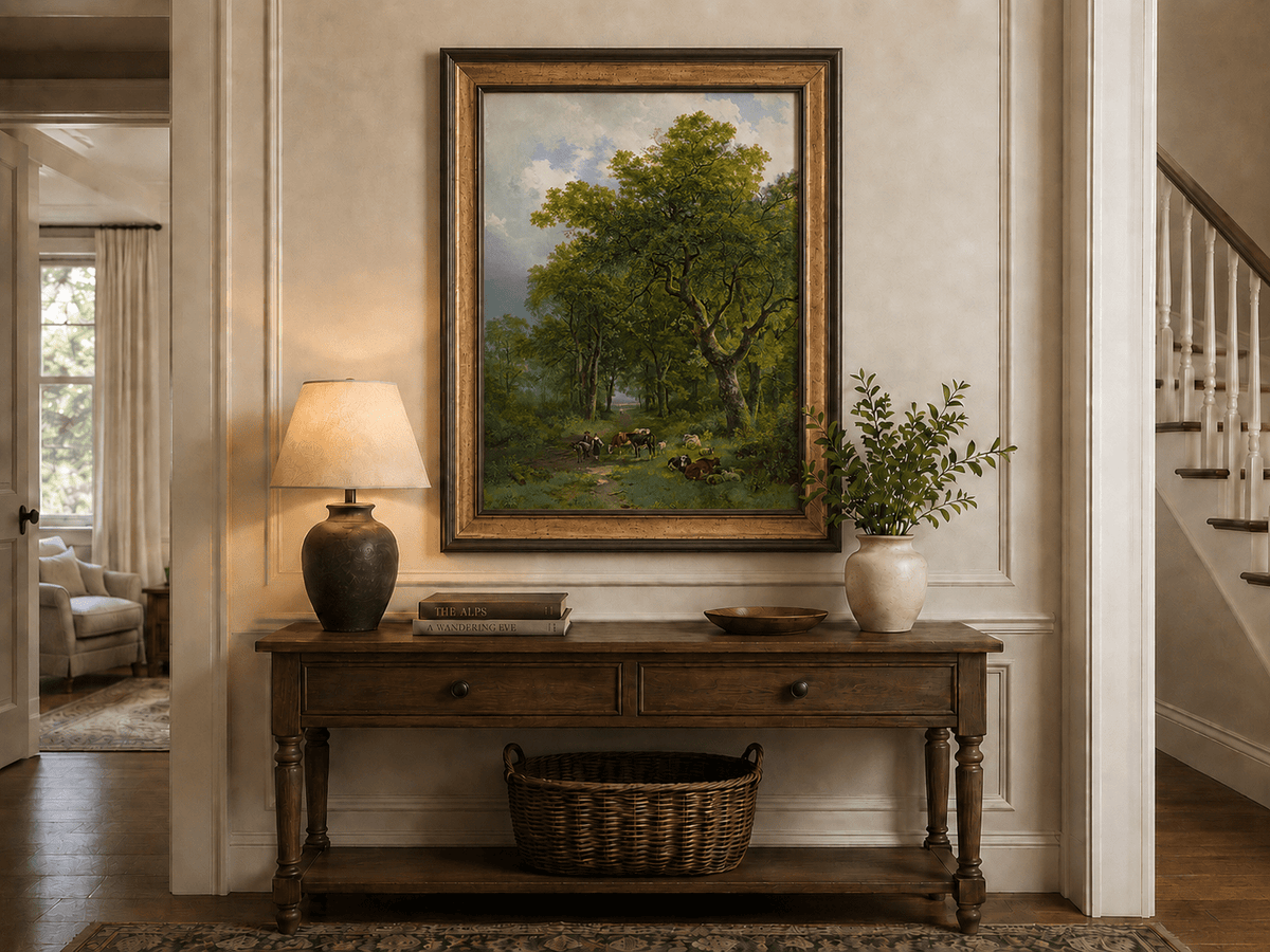 Landscape Oil Painting - Forest Path with Cattle and Sheep