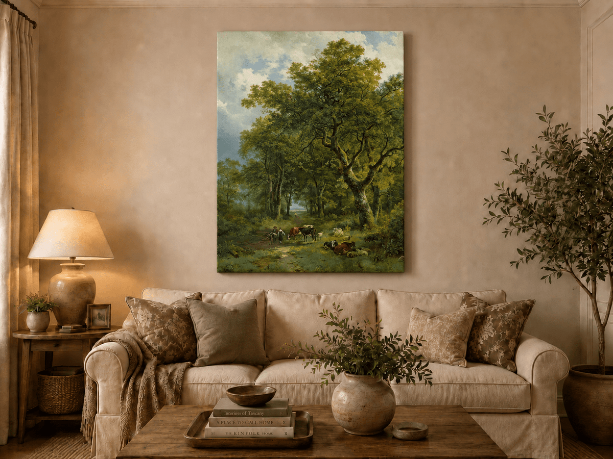 Landscape Oil Painting - Forest Path with Cattle and Sheep