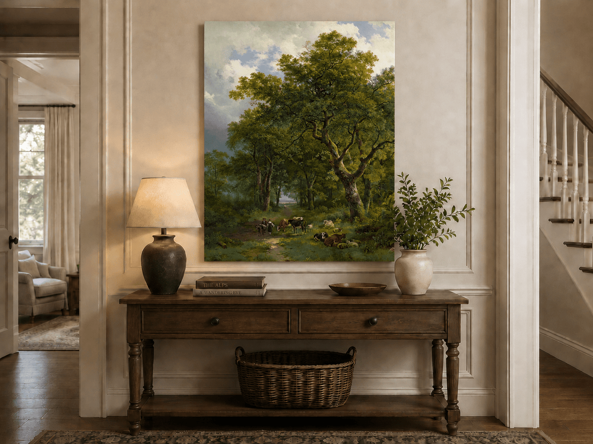 Landscape Oil Painting - Forest Path with Cattle and Sheep