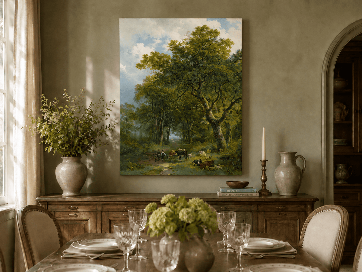 Landscape Oil Painting - Forest Path with Cattle and Sheep