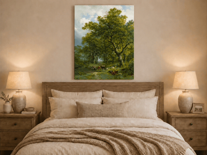 Landscape Oil Painting - Forest Path with Cattle and Sheep