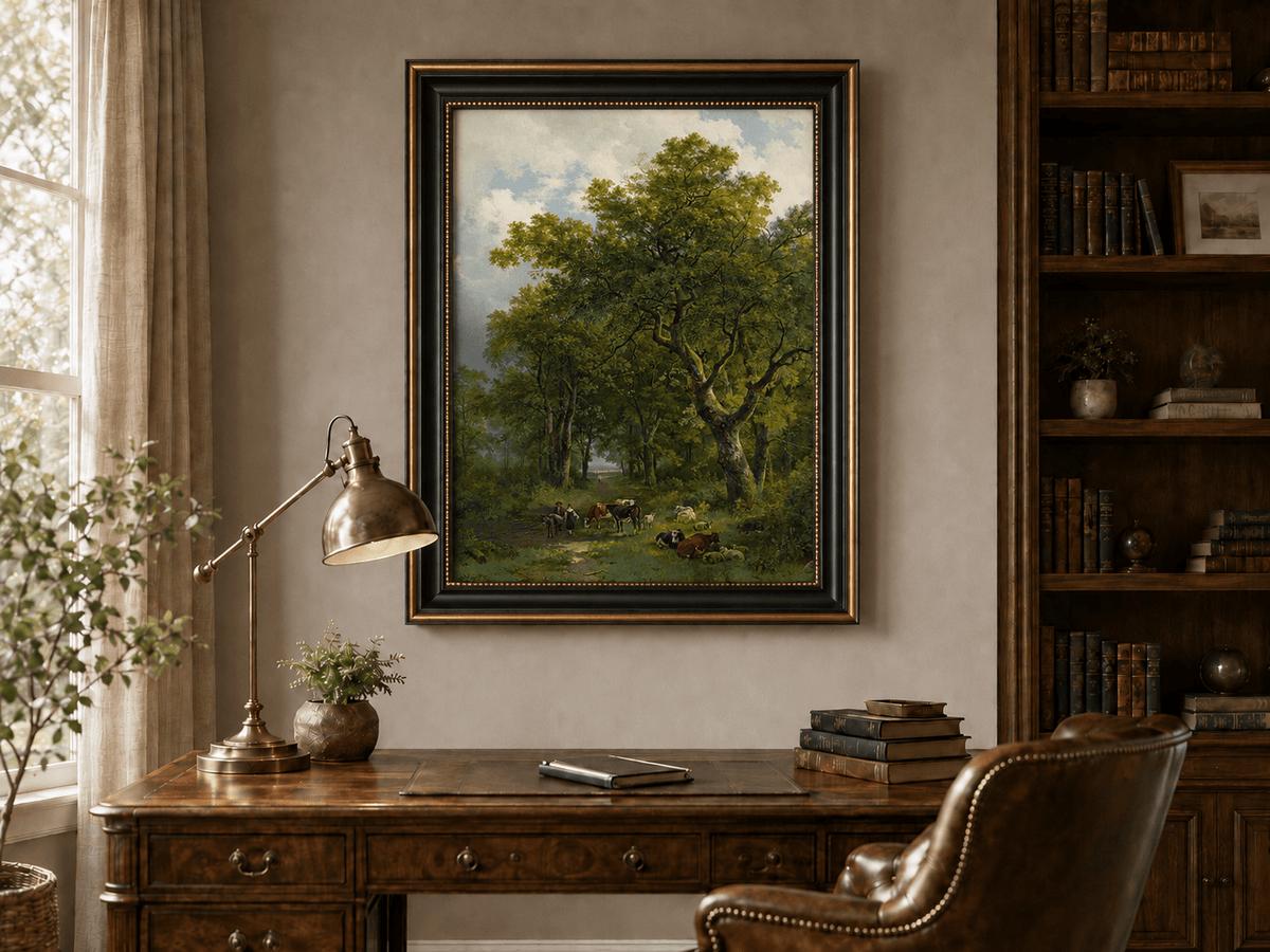 Landscape Oil Painting - Forest Path with Cattle and Sheep