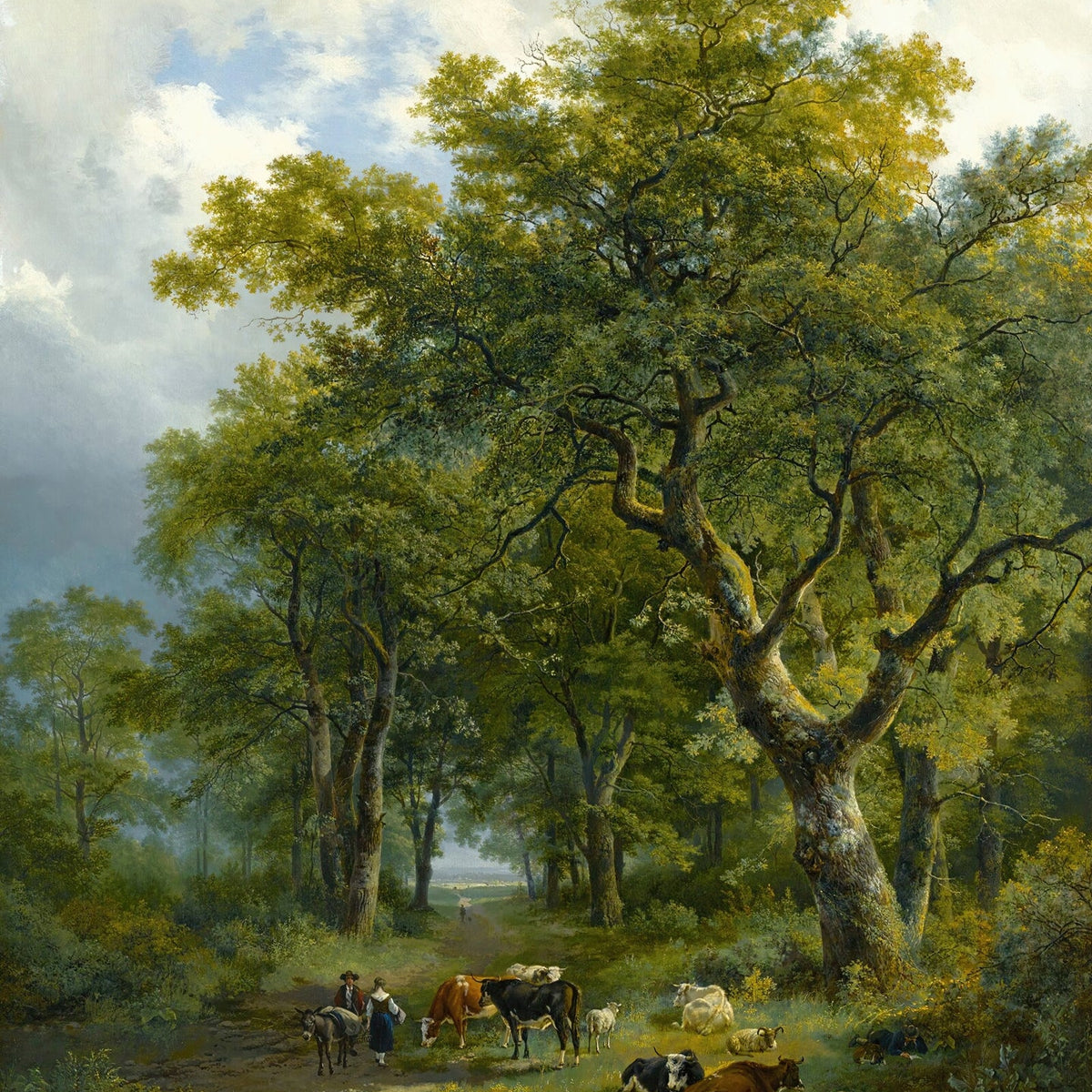 Hand-painted forest path with cattle and sheep landscape oil painting on canvas