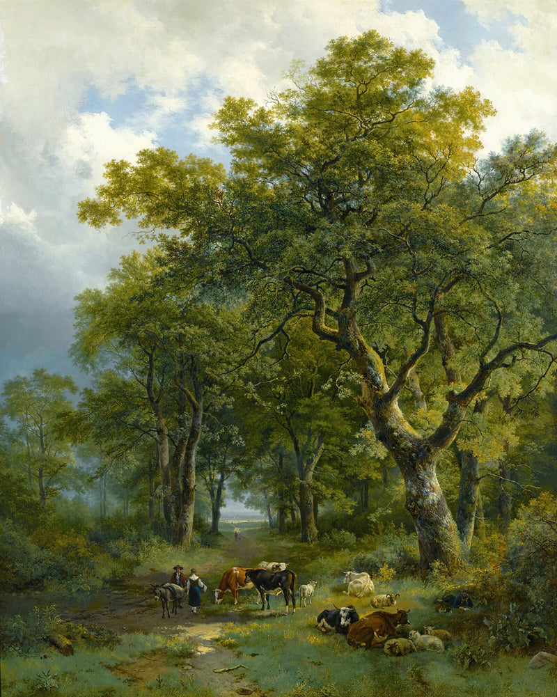 Hand-painted forest path with cattle and sheep landscape oil painting on canvas