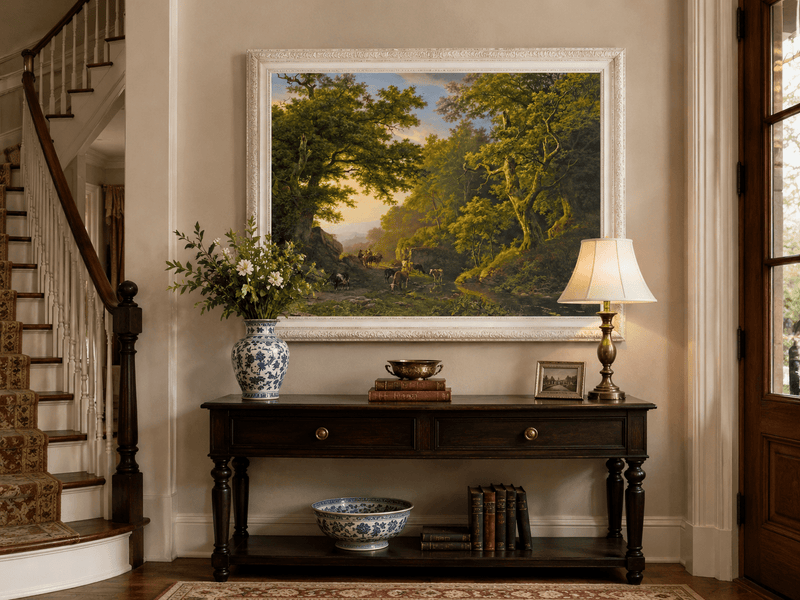 Peinture à l'huile de paysage - Chemin forestier avec bétail et voyageurs