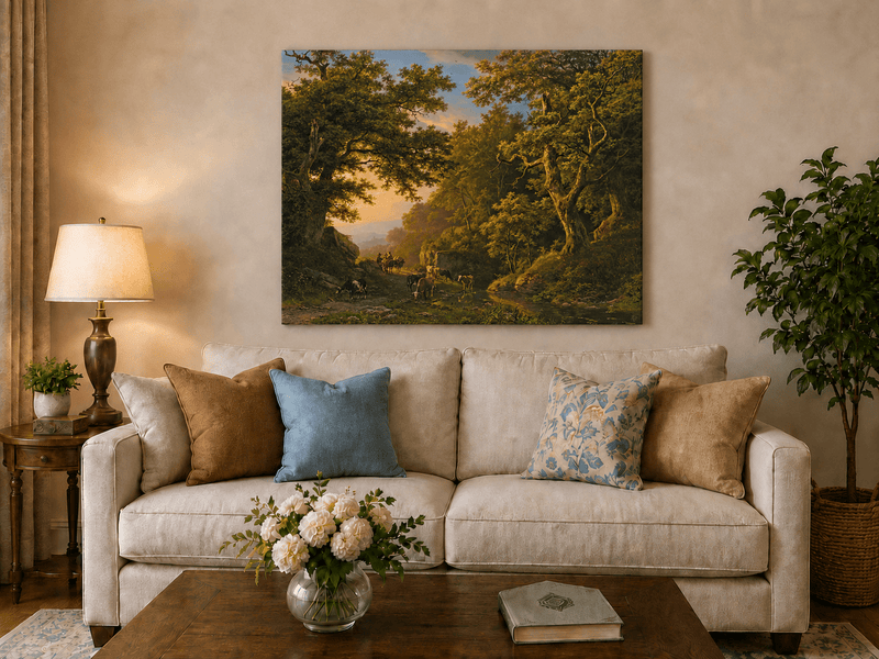 Peinture à l'huile de paysage - Chemin forestier avec bétail et voyageurs