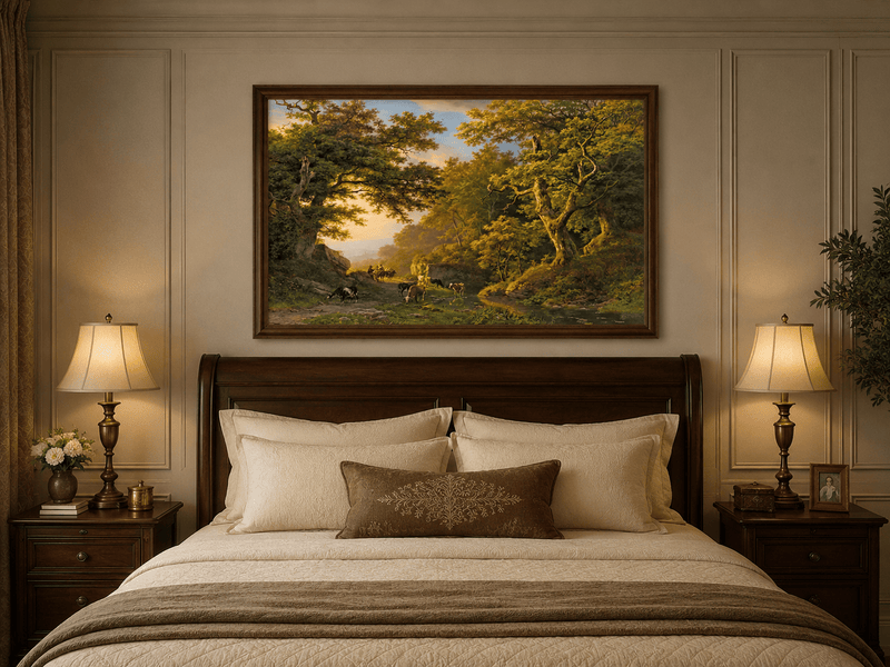 Peinture à l'huile de paysage - Chemin forestier avec bétail et voyageurs