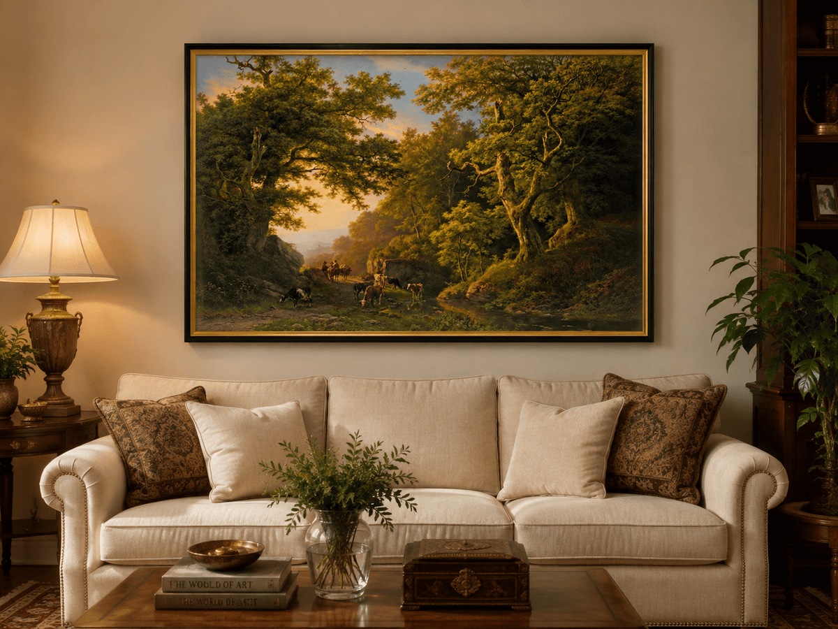 Peinture à l'huile de paysage - Chemin forestier avec bétail et voyageurs